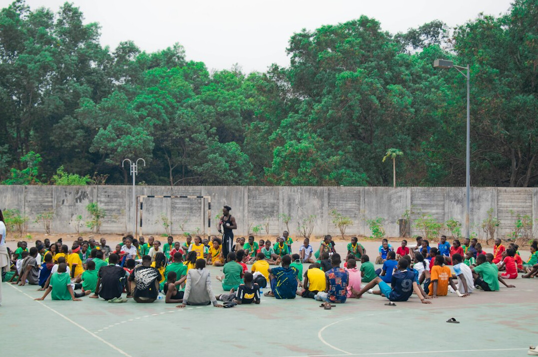 Small group of brazilian people practicing a communication exercise in a circle
